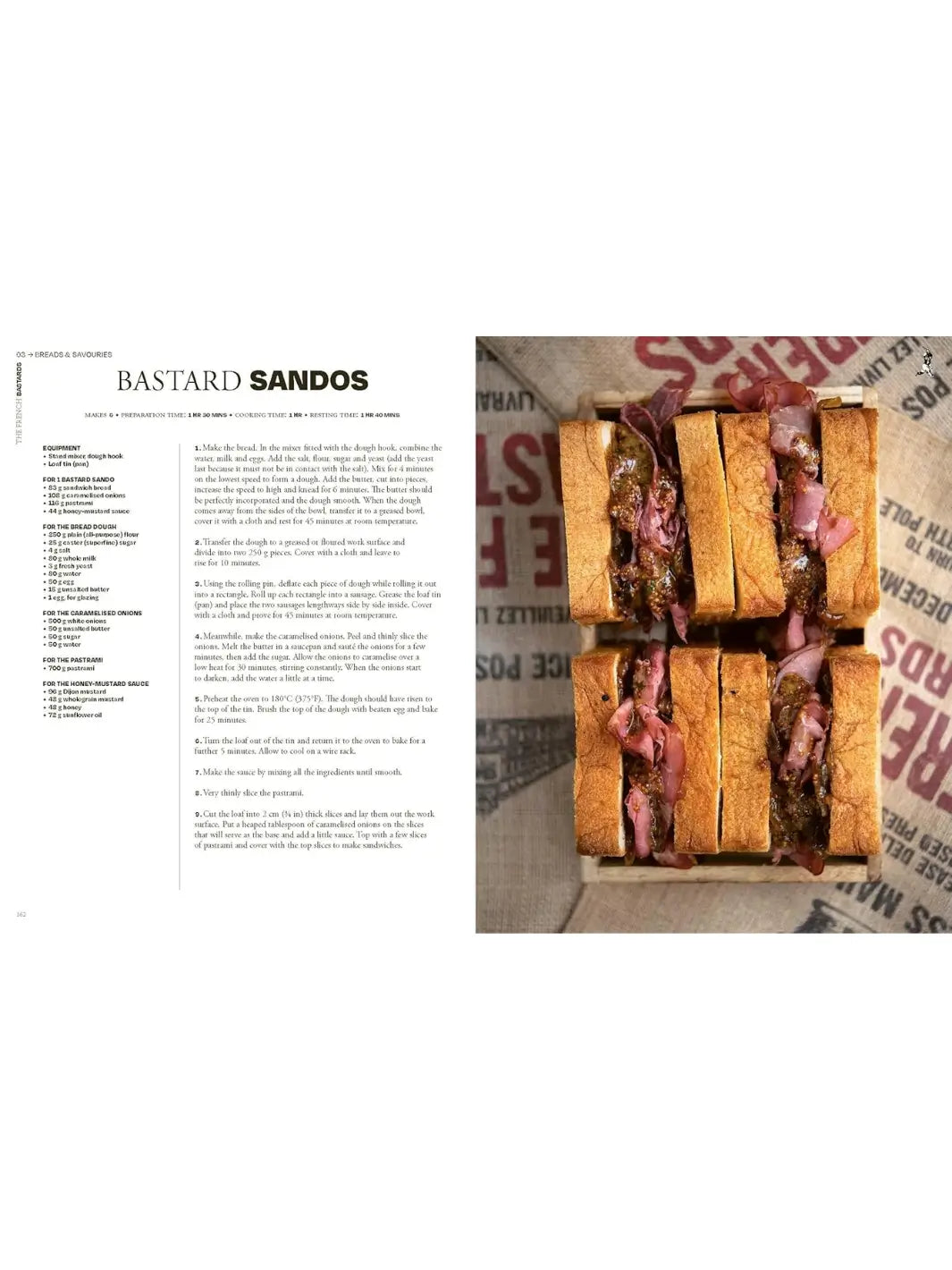 Two thick-cut toasted sandwiches filled with layers of pastrami and mustard, served on a rustic burlap surface from The French Bastards cookbook | Twentyseven Toronto