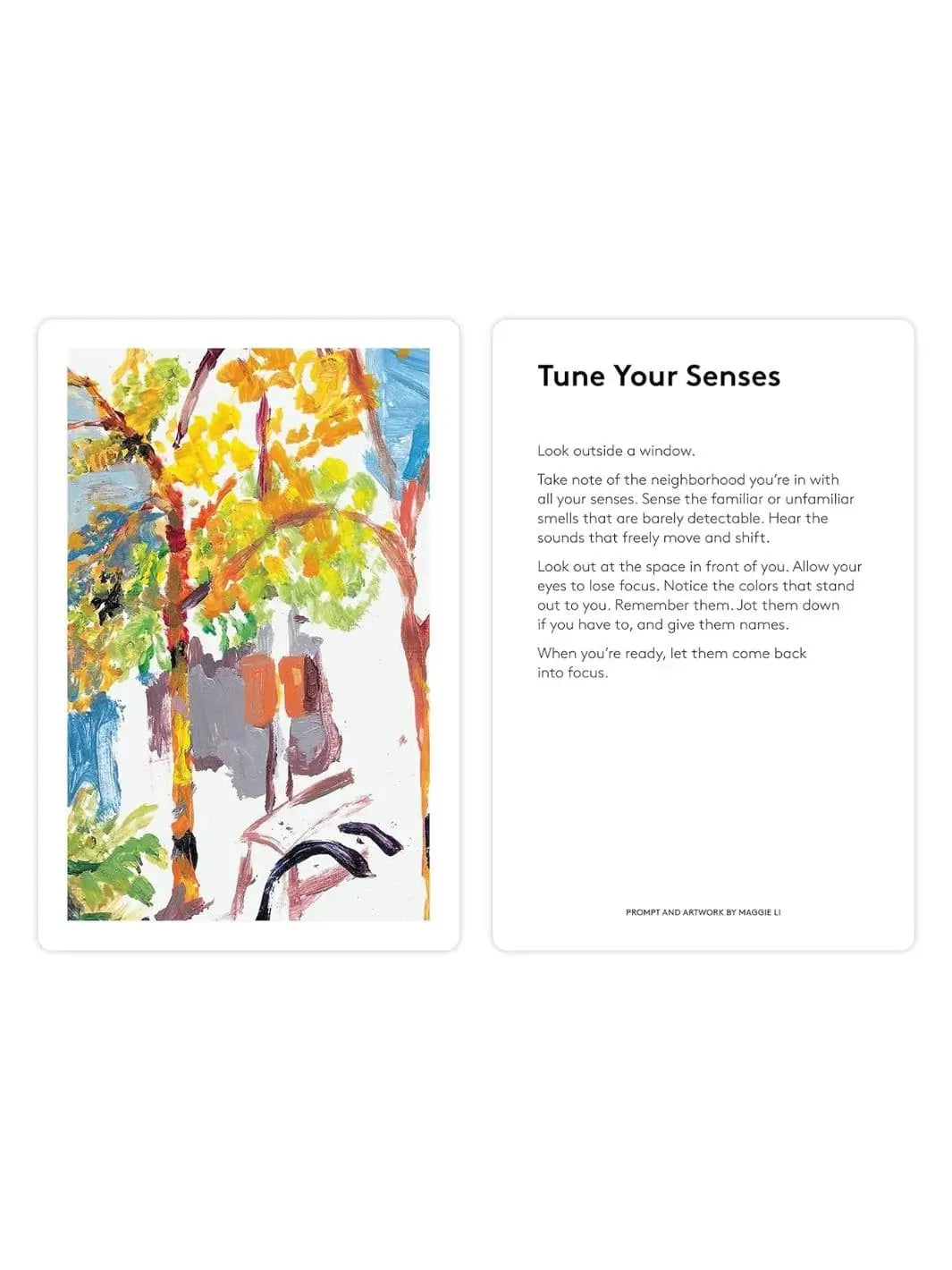 A card from The Grief Deck by Adriene Jenik titled "Tune Your Senses" features a sensory text exercise alongside a brightly colored oil painting of an outdoor scene with trees | Twentyseven Toronto