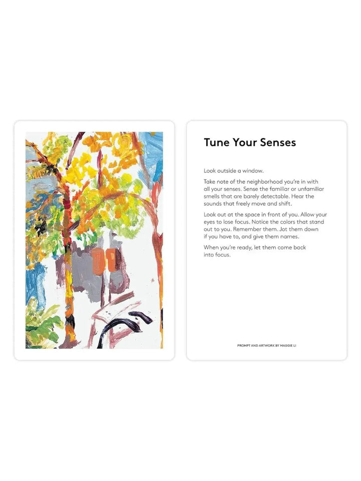 A card from The Grief Deck by Adriene Jenik titled "Tune Your Senses" features a sensory text exercise alongside a brightly colored oil painting of an outdoor scene with trees | Twentyseven Toronto