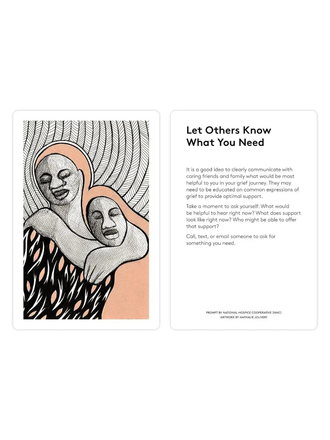 A card from The Grief Deck by Adriene Jenik titled "Let Others Know What You Need" presents therapeutic text next to an illustrative drawing of one person embracing another against a patterned background | Twentyseven Toronto