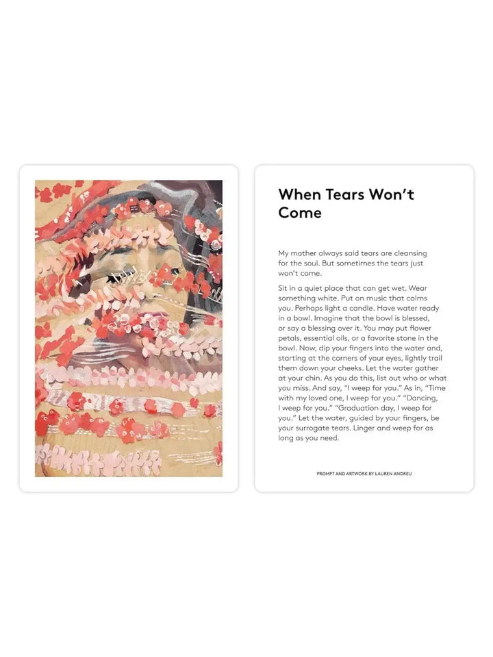 A card from The Grief Deck by Adriene Jenik titled "When Tears Won't Come" pairs a comforting text with a soft watercolor painting of a face gently veiled by pink flower garlands | Twentyseven Toronto
