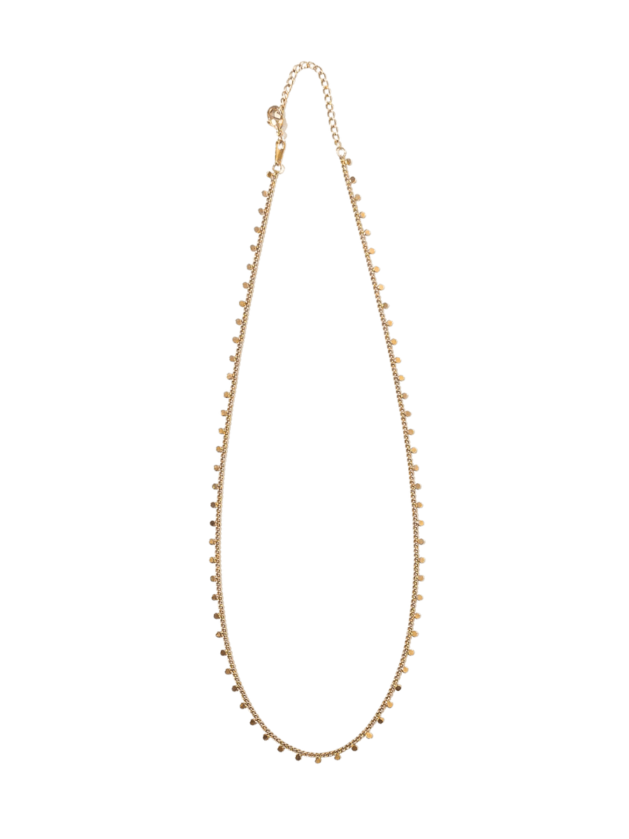 Long gold plated necklace with small round beads on a transparent background  | Twentyseven Toronto