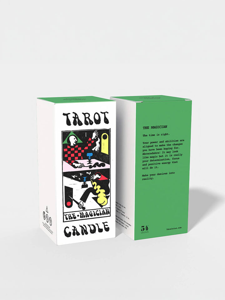 54 Celsius The Magician Tarot Candle packaging featuring Sophy Hollington tarot artwork and green detailing | Twentyseven Toronto