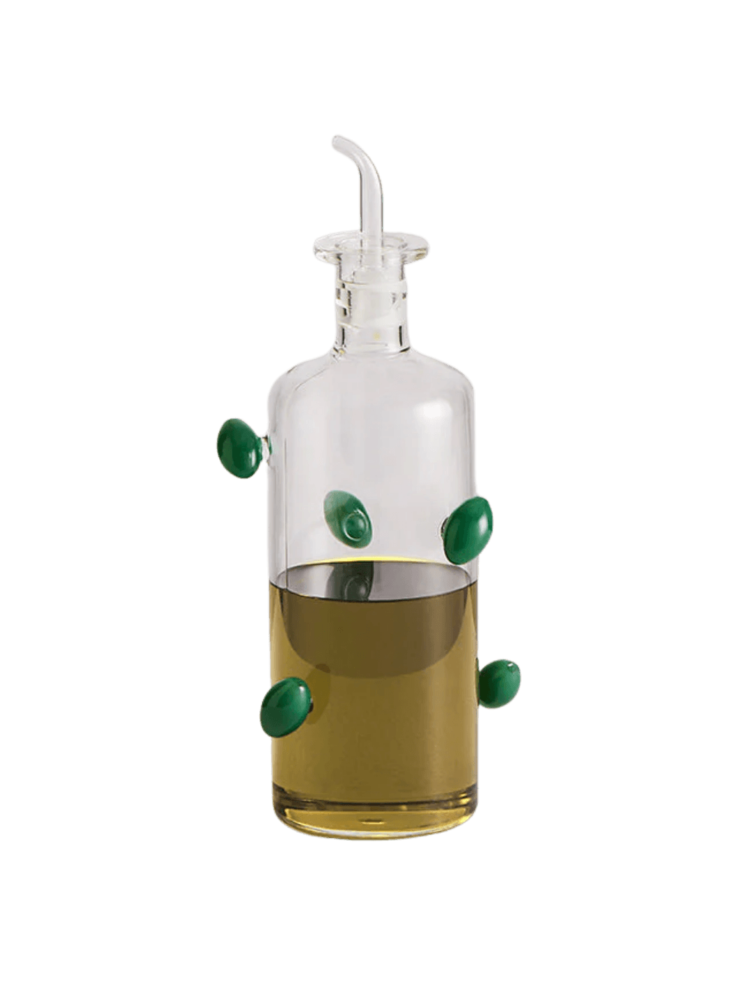 Glass olive dispenser bottle from Maison Balzac decorated with green olives on a transparent background | Twentyseven Toronto