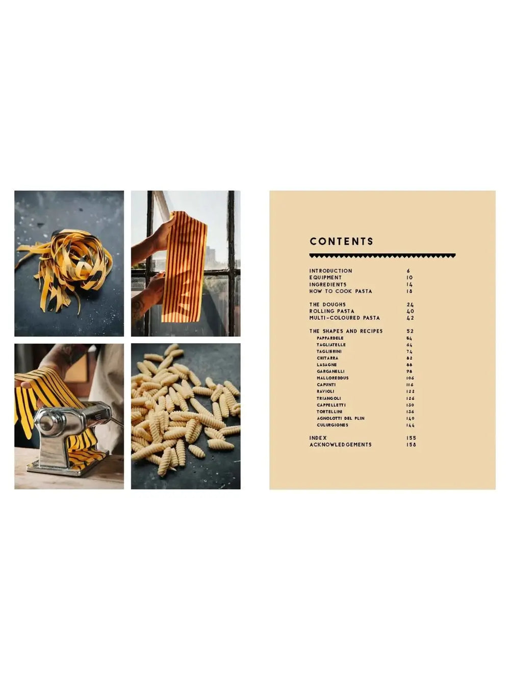 "Contents" page from The Pasta Man: The Art of Making Spectacular Pasta by Mateo Zielonka is displayed alongside four vibrant photos of striped and textured pasta being prepared and shaped | Twentyseven Toronto