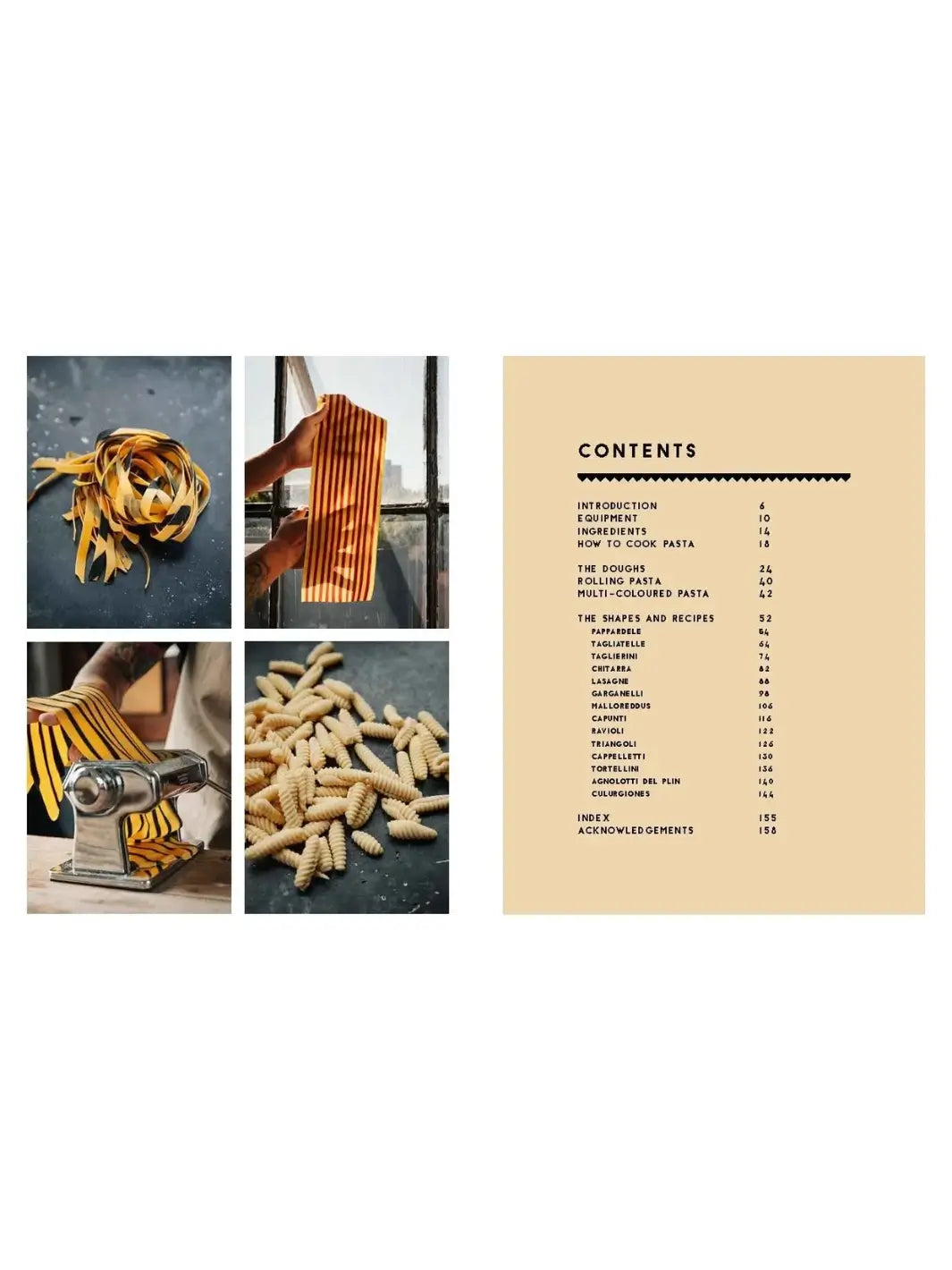 "Contents" page from The Pasta Man: The Art of Making Spectacular Pasta by Mateo Zielonka is displayed alongside four vibrant photos of striped and textured pasta being prepared and shaped | Twentyseven Toronto