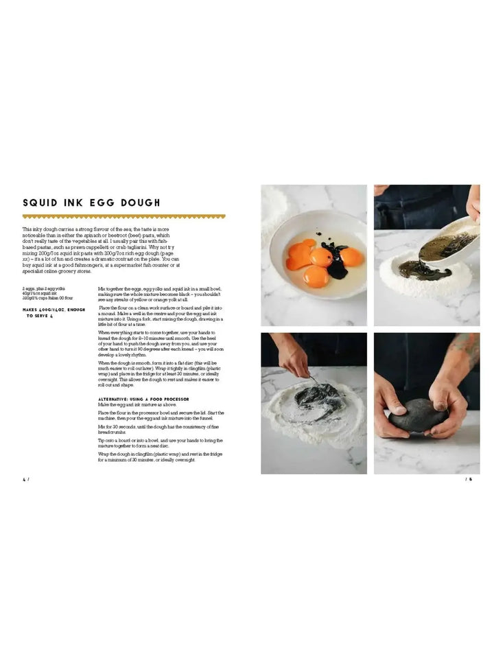 Spread from The Pasta Man: The Art of Making Spectacular Pasta by Mateo Zielonka details the recipe for Squid Ink Egg Dough with step-by-step photos showing the process of mixing and kneading the dark dough | Twentyseven Toronto
