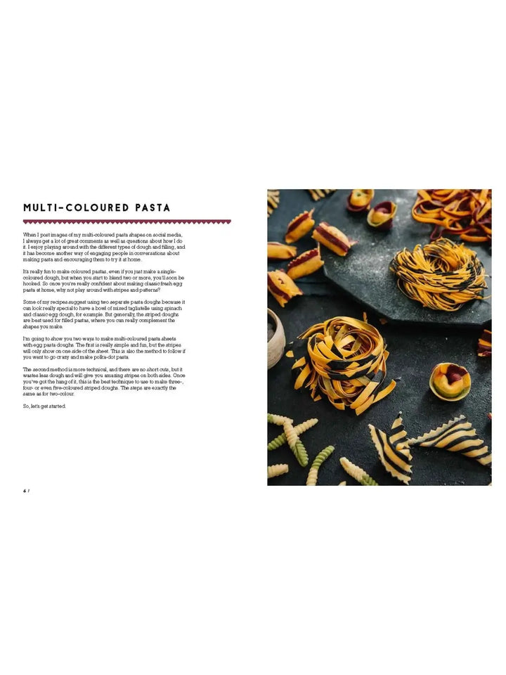 An instructional page titled "Multi-Coloured Pasta" from The Pasta Man: The Art of Making Spectacular Pasta by Mateo Zielonka features a colourful overhead shot of various striped and patterned pasta shapes on a dark surface | Twentyseven Toronto