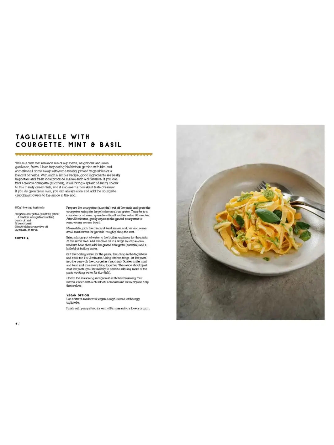 Recipe for Tagliatelle with Courgette, Mint & Basil is shown in The Pasta Man: The Art of Making Spectacular Pasta by Mateo Zielonka, accompanied by a photograph of the finished plated dish | Twentyseven Toronto