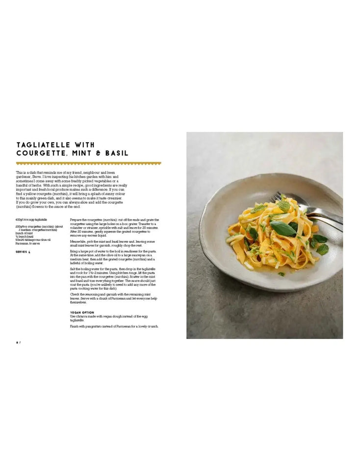 Recipe for Tagliatelle with Courgette, Mint & Basil is shown in The Pasta Man: The Art of Making Spectacular Pasta by Mateo Zielonka, accompanied by a photograph of the finished plated dish | Twentyseven Toronto