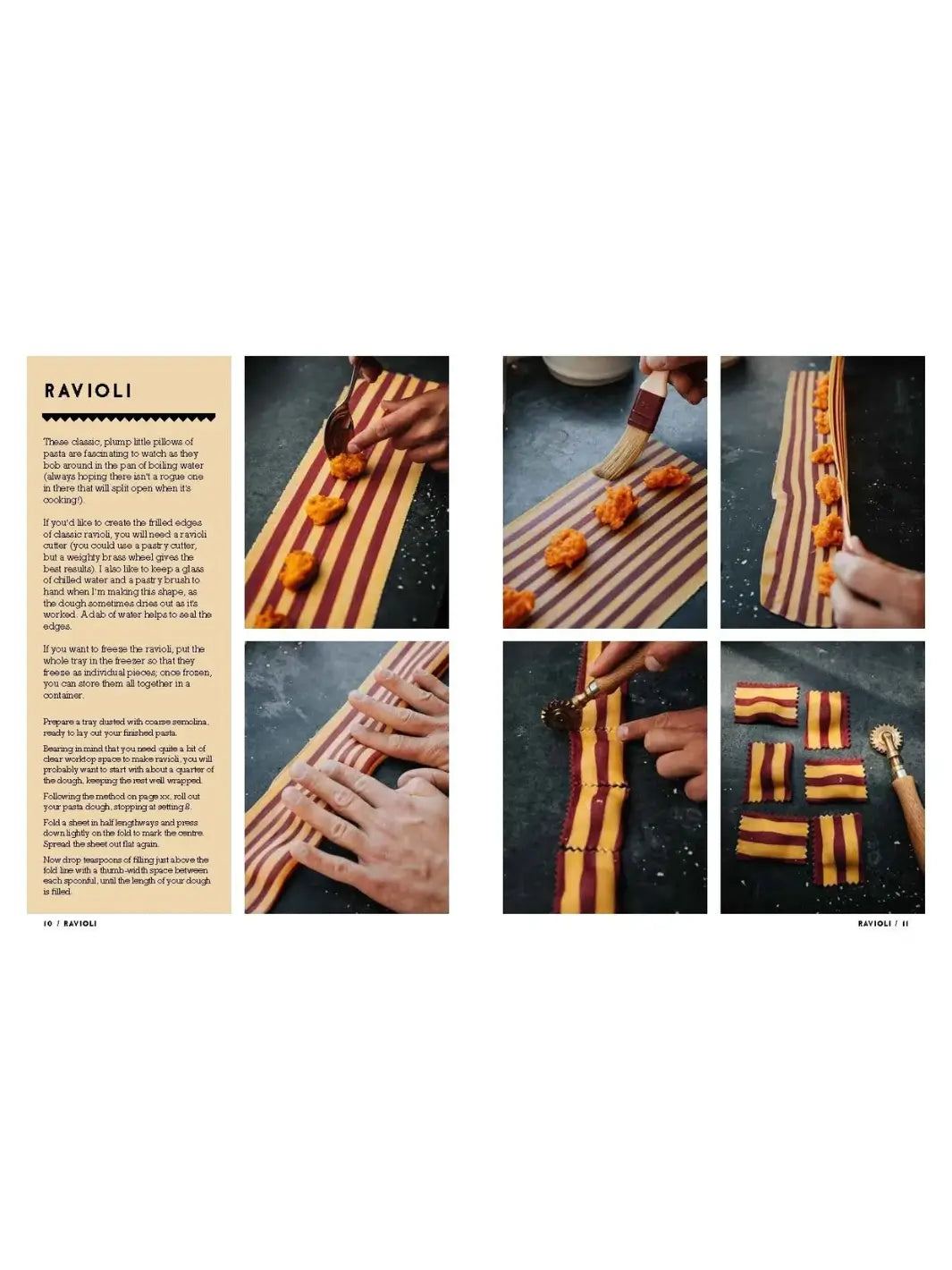 A detailed guide for making Ravioli from The Pasta Man: The Art of Making Spectacular Pasta by Mateo Zielonka using a series of photos to demonstrate how to fill, fold, and cut striped pasta sheets | Twentyseven Toronto
