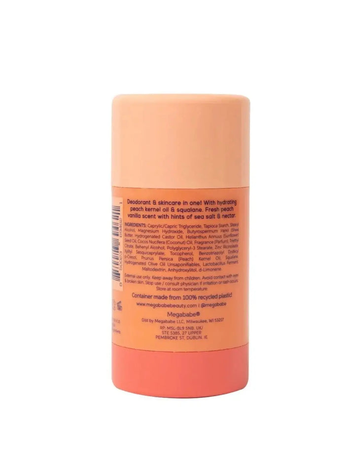 The back of a Megababe The Peachy Deo container clearly displays the product's description, full ingredients list, and recycling instructions | Twentyseven Toronto