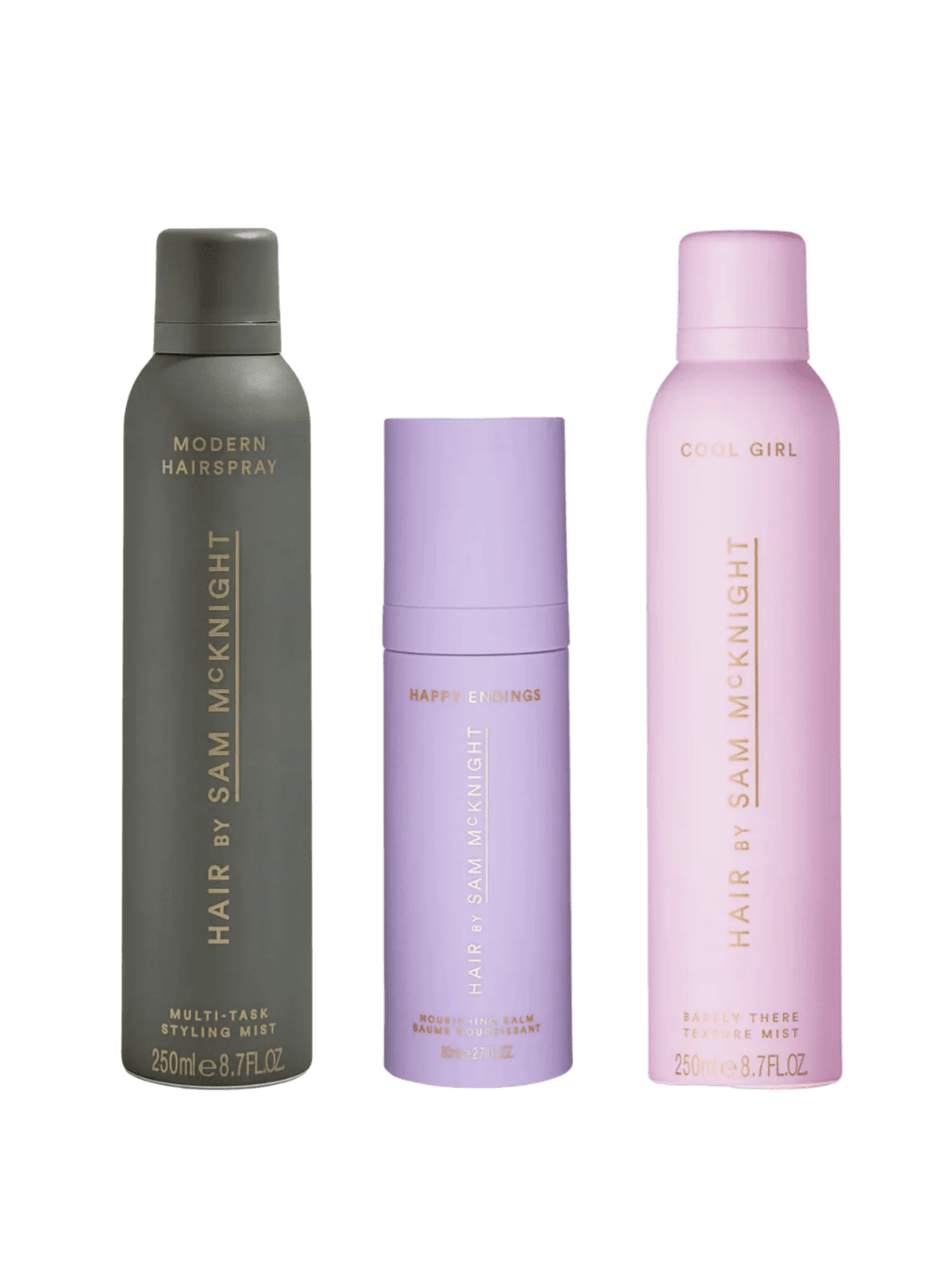 Hair by Sam McKnight The Style Bundle includes three professional hair care products: a dark gray Modern Hairspray, a lavender Happy Endings Nourishing Balm, and a light pink Cool Girl Texture Mist | Twentyseven Toronto