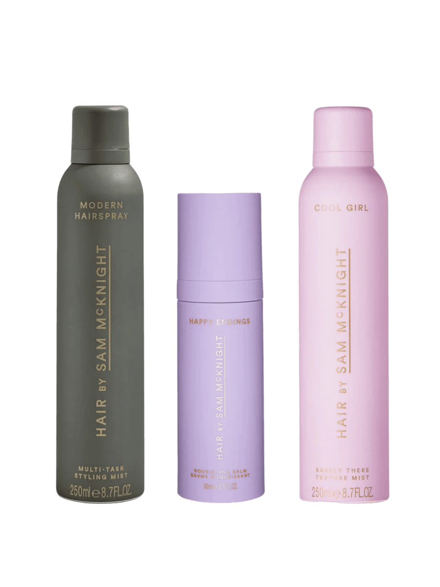 Hair by Sam McKnight The Style Bundle includes three professional hair care products: a dark gray Modern Hairspray, a lavender Happy Endings Nourishing Balm, and a light pink Cool Girl Texture Mist | Twentyseven Toronto