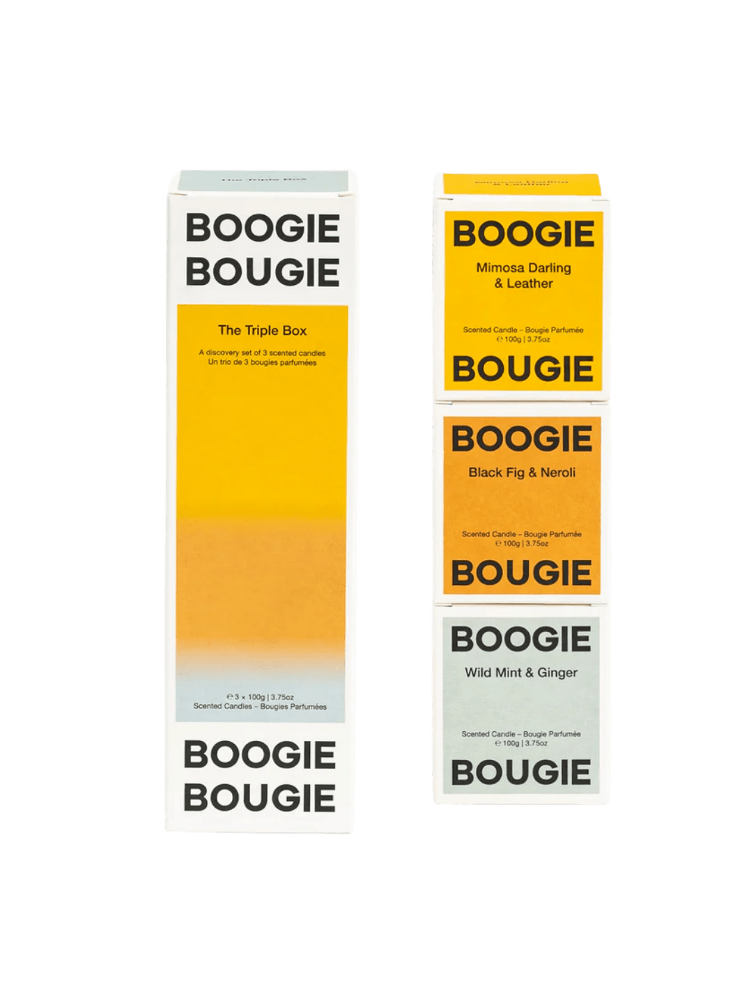 Three Boogie Bougie boxes, 'The Triple Box While Summer Shifts' candle gift set on a transparent background | Twentyseven Toronto