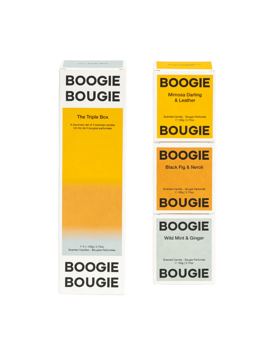 Three Boogie Bougie boxes, 'The Triple Box While Summer Shifts' candle gift set on a transparent background | Twentyseven Toronto
