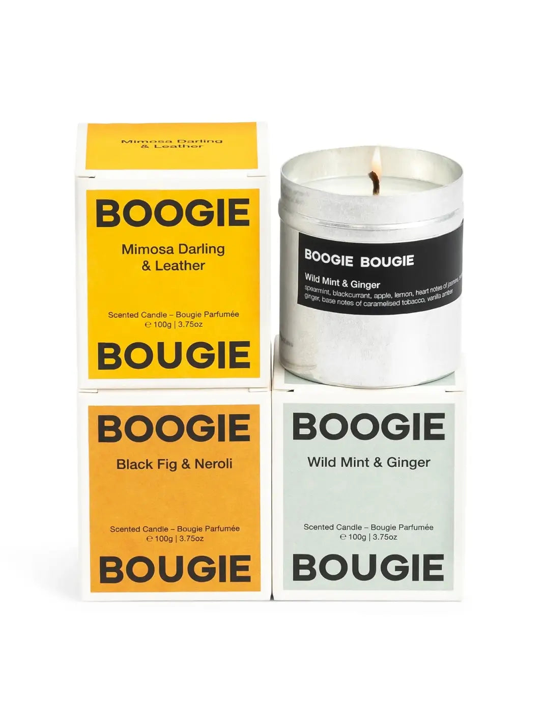 Set of three 'Triple Box While Summer Shifts' gift set of Boogie Bougie candles and packaging on a white background | Twentyseven Toronto