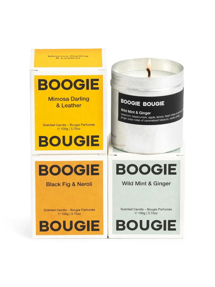 Set of three 'Triple Box While Summer Shifts' gift set of Boogie Bougie candles and packaging on a white background | Twentyseven Toronto