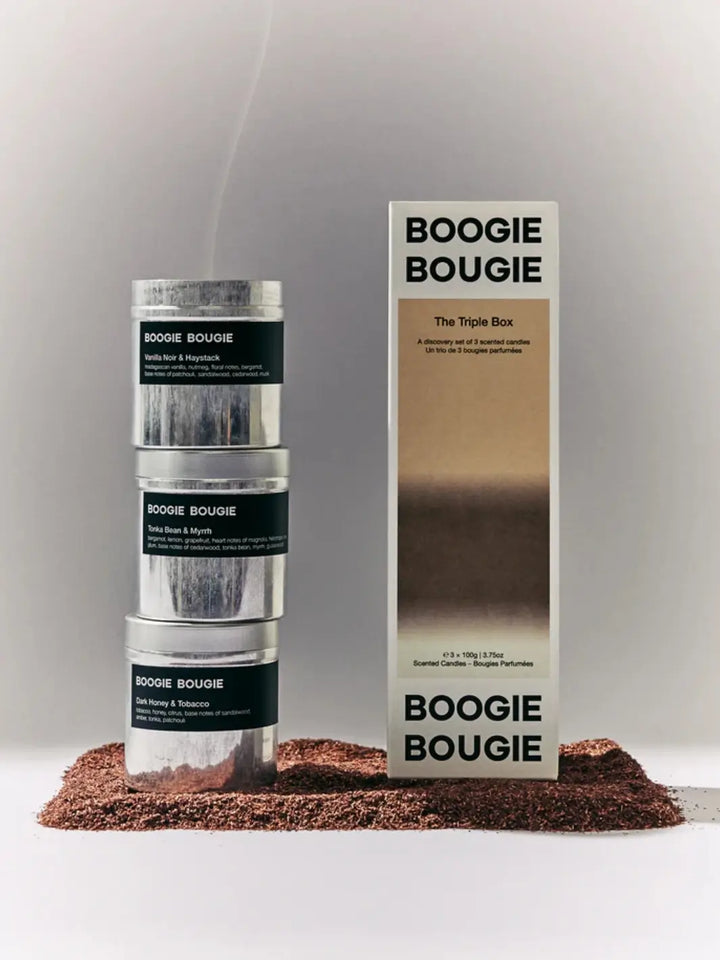 Three Boogie Bougie boxes, 'The Triple Box While Summer Shifts' candle gift set on a gray background | Twentyseven Toronto