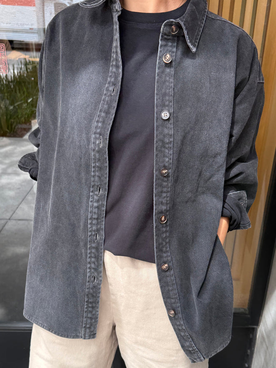 Le Bon Shoppe Theo Jacket in black denim styled open over a black tee with rolled sleeves | Twentyseven Toronto