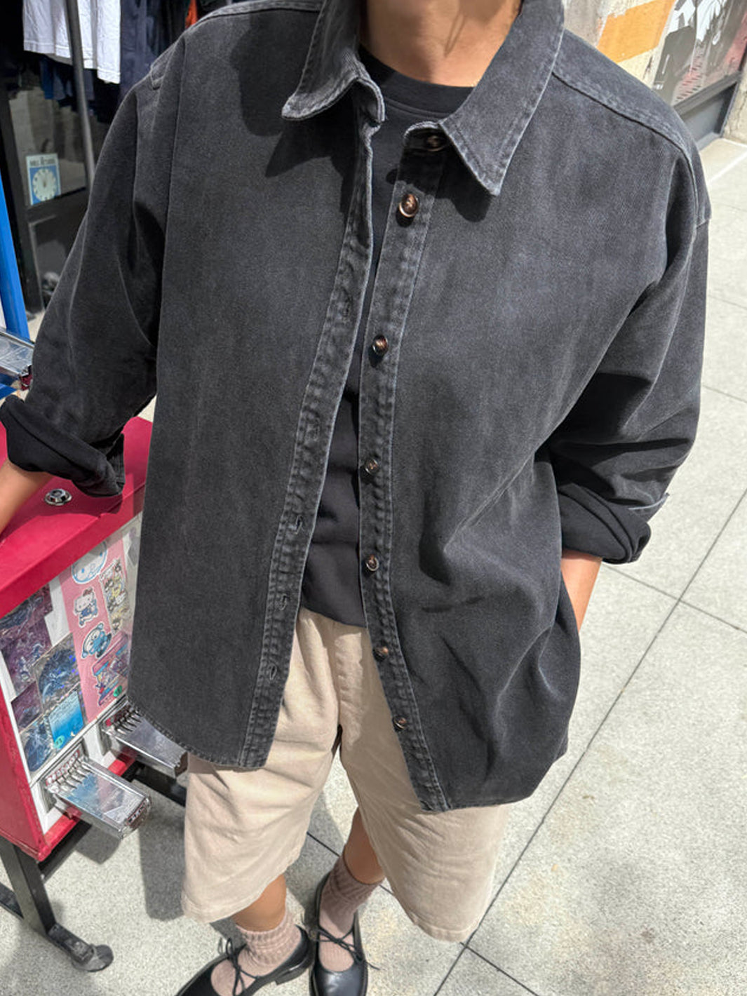 Le Bon Shoppe Theo Jacket in black denim styled open, showing its oversized fit and button-front design | Twentyseven Toronto