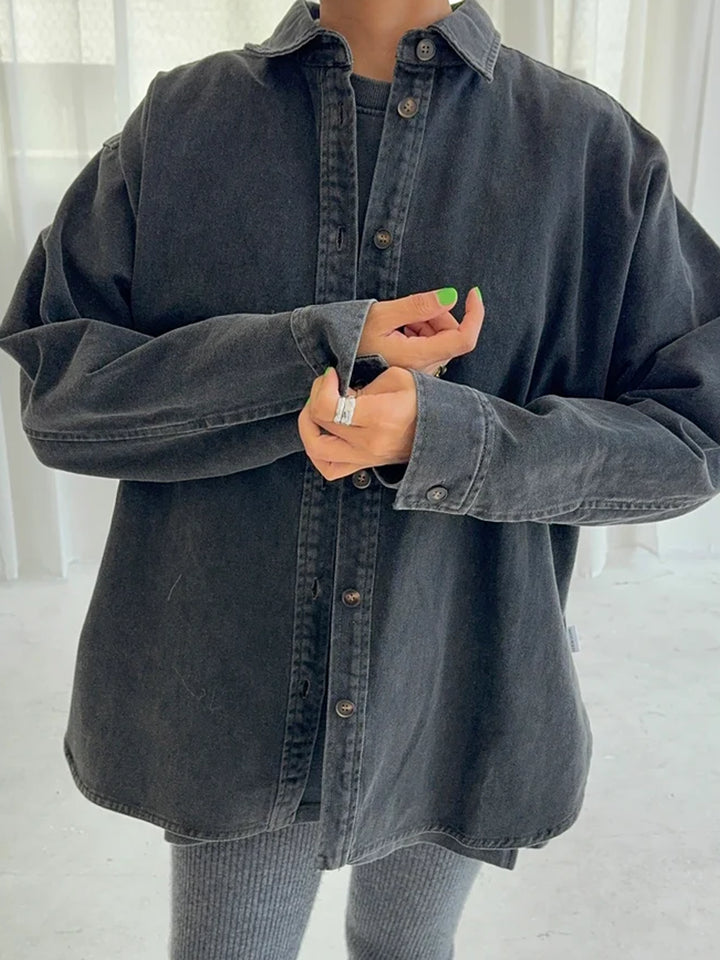 Le Bon Shoppe Theo Jacket in black denim styled buttoned, featuring an oversized fit, pointed collar and contrast stitching | Twentyseven Toronto
