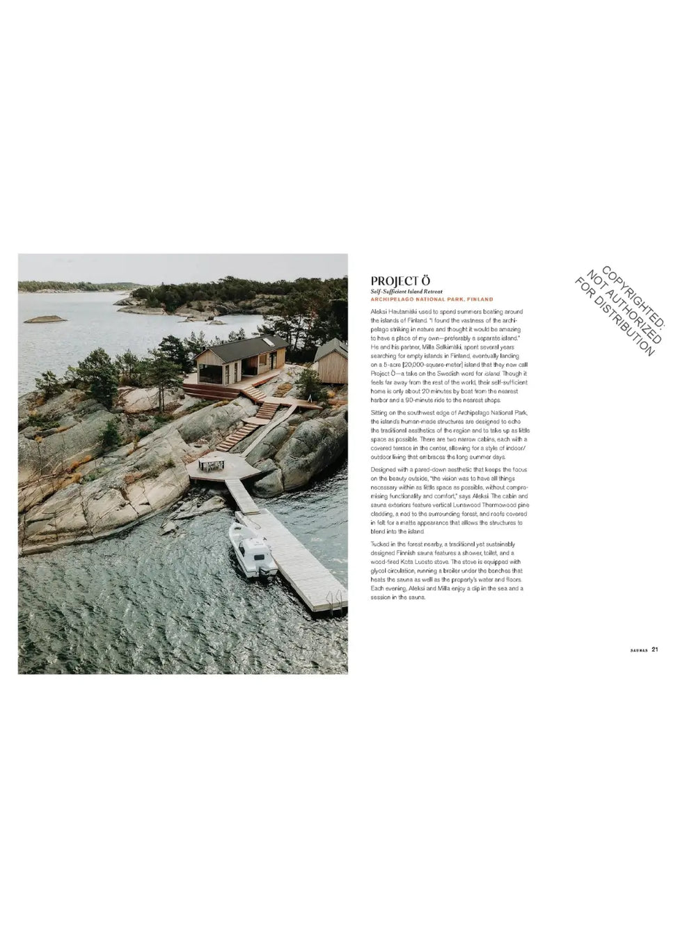 An aerial view of "Project Ö," a self-sufficient island retreat in Finland featuring two minimalist wooden cabins on a rocky shoreline with a long wooden pier and a small white boat | Twentyseven Toronto
