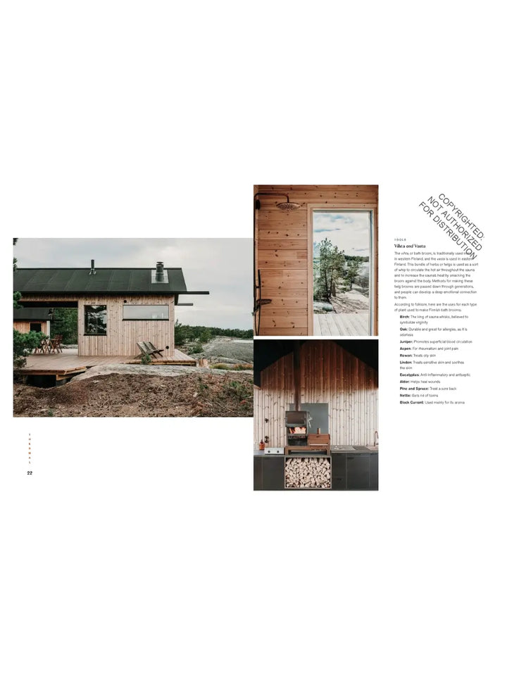 A composite of three photos showing the exterior and interior of the Finnish cabins, including a modern wood-burning stove and a large window overlooking the water | Twentyseven Toronto