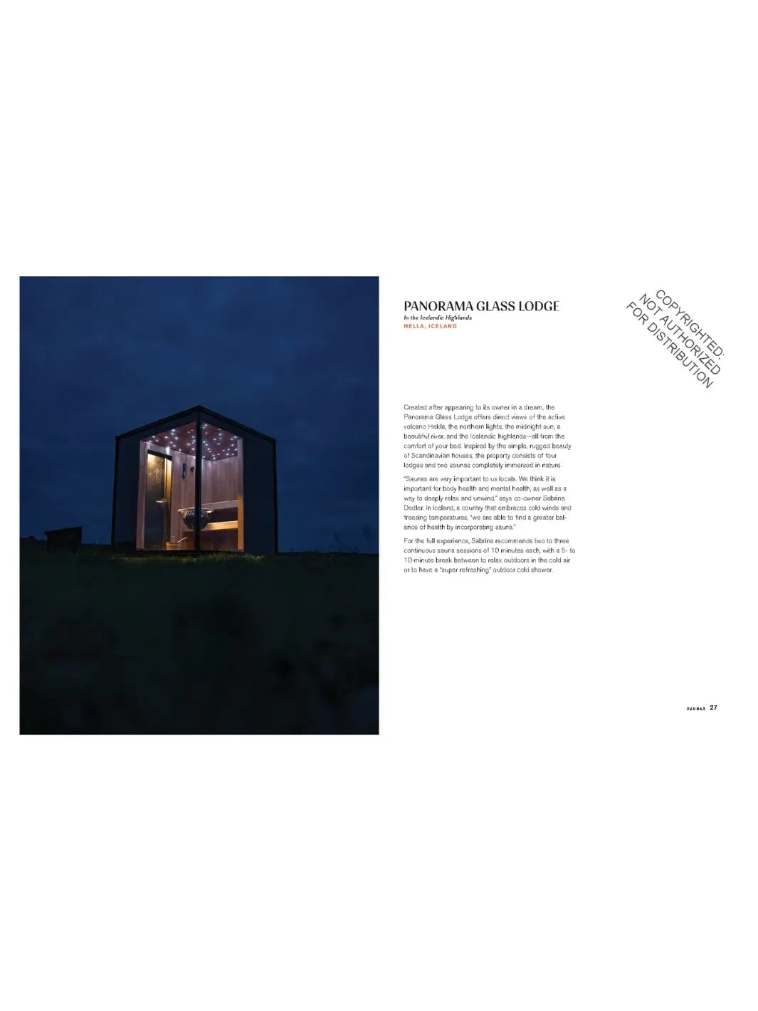 A small, glowing glass-walled sauna at night, situated in a dark Icelandic landscape under a deep blue evening sky | Twentyseven Toronto