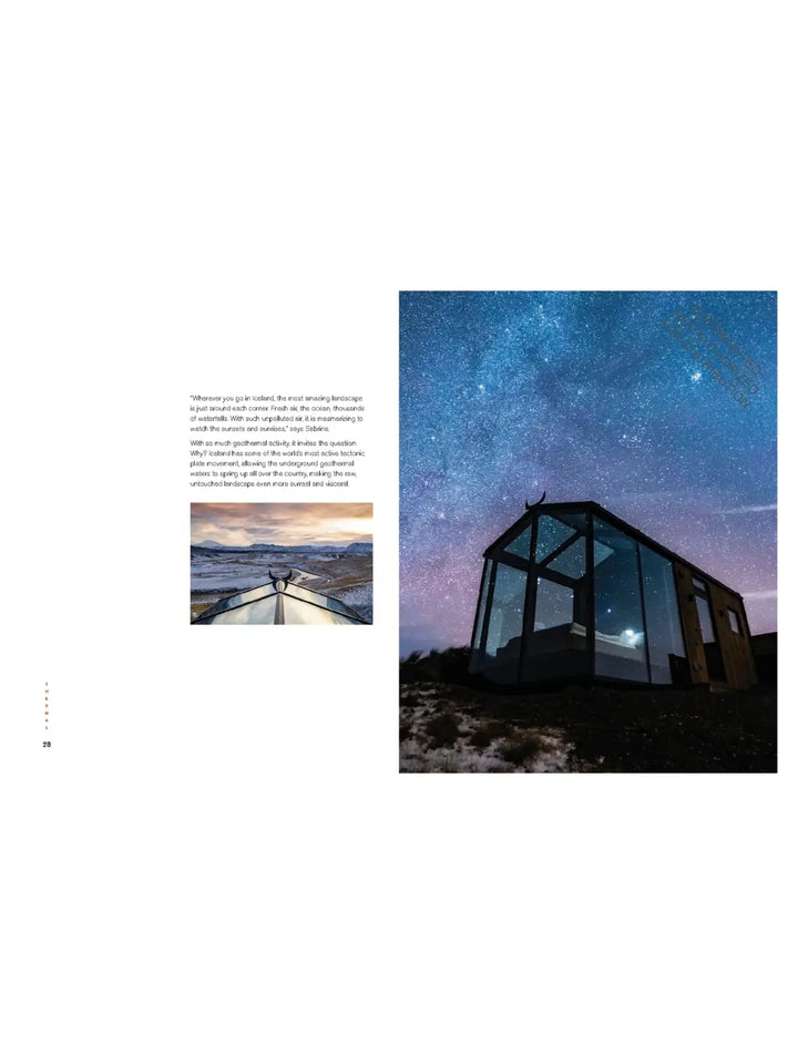 A glass-roofed lodge in Iceland at night, reflecting a vibrant starry sky | Twentyseven Toronto
