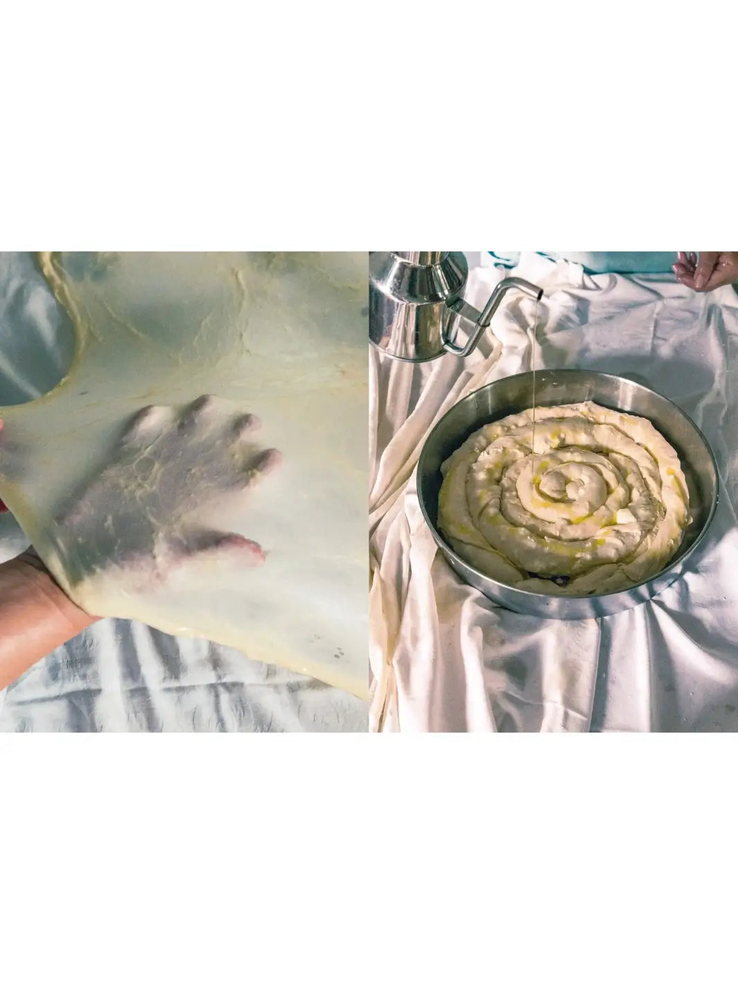 Spread from Thessaloniki: And the Many Kitchens of Northern Greece by Meni Valle demonstrating the process of making phyllo dough. The left side shows a hand visible through a translucent, stretched sheet of dough, while the right side shows the dough coiled in a round baking tin being drizzled with oil | Twentyseven Toronto