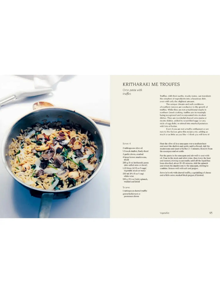 Recipe page from Thessaloniki: And the Many Kitchens of Northern Greece by Meni Valle for Kritharaki Me Troufes (Orzo pasta with truffles), featuring a top-down view of a small saucepan containing orzo tossed with spinach, mushrooms, and shaved truffles | Twentyseven Toronto