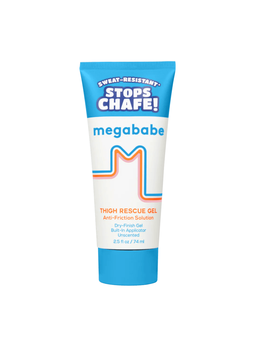 Blue and white 74ml tube of Megababe thigh rescue gel on a transparent background | Twentyseven Toronto