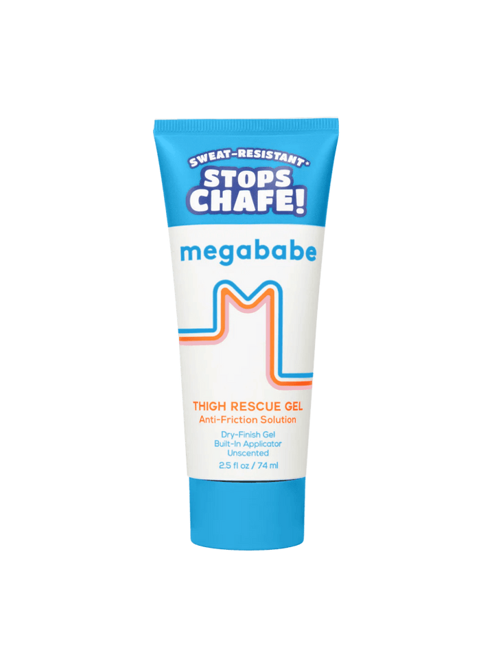 Blue and white 74ml tube of Megababe thigh rescue gel on a transparent background | Twentyseven Toronto