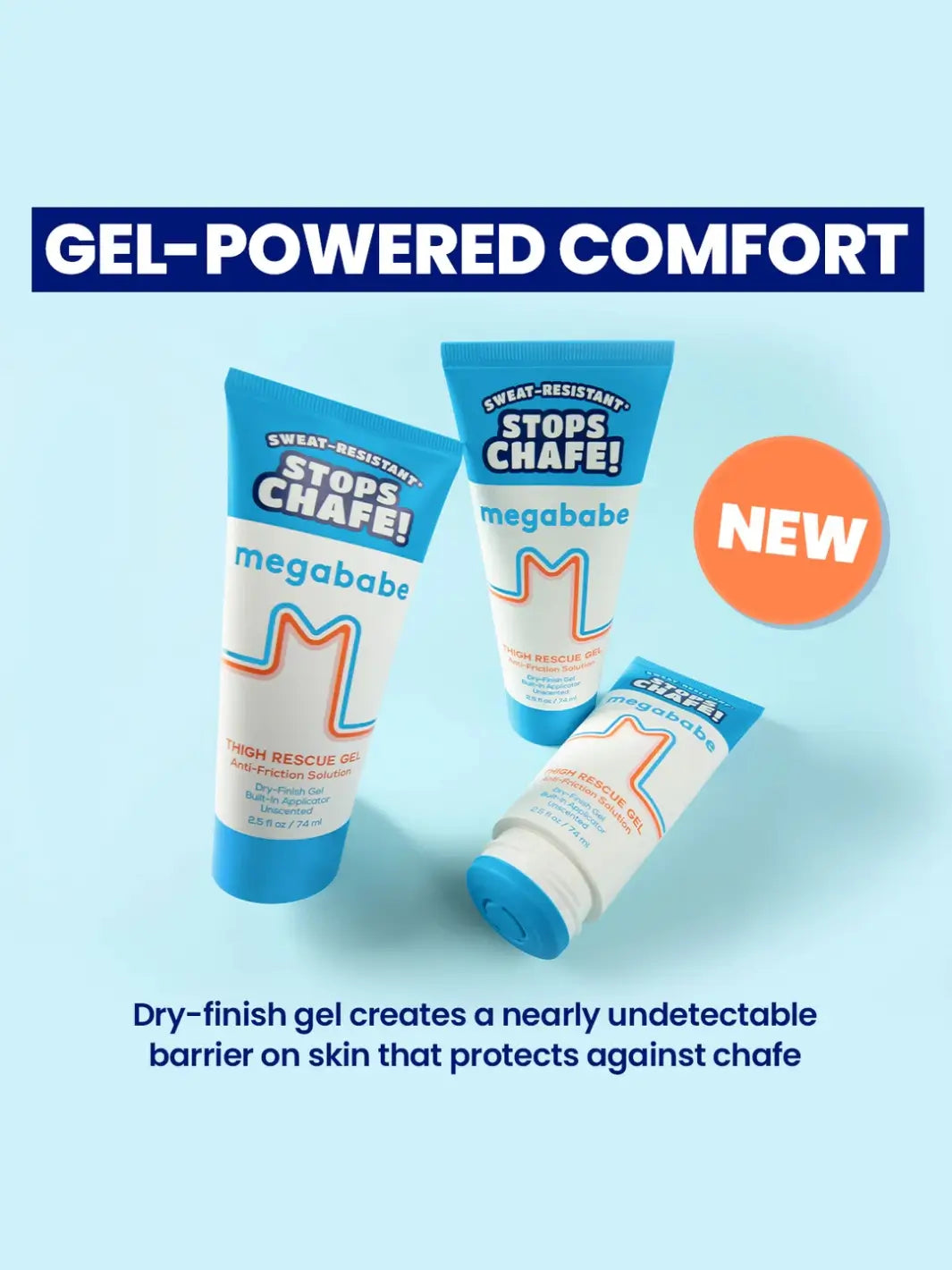 Three tubes of Megababe chafe relief gel on a light blue background with promotional text | Twentyseven Toronto