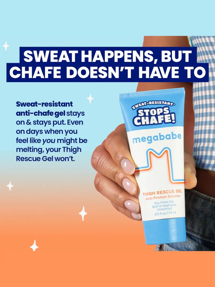 Hand holding a tube of 'Megababe' thigh rescue gel with promotional text on a blue and orange gradient background | Twentyseven Toronto