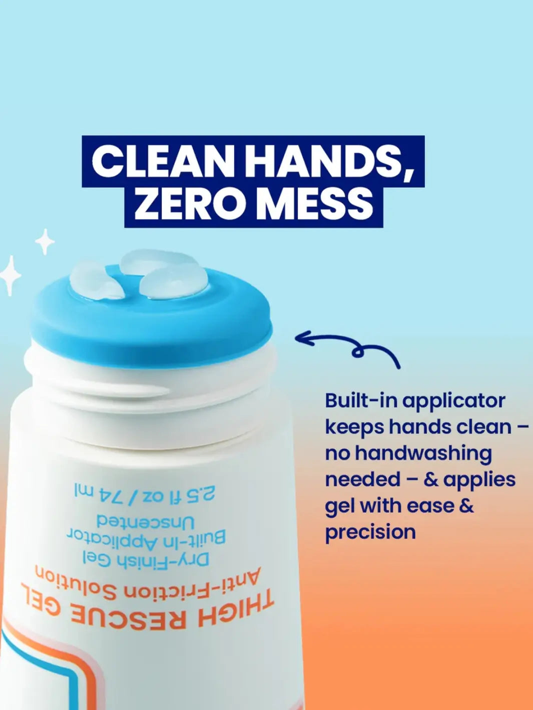 Megababe Thigh Rescue Gel container with blue cap on a gradient background, featuring text detailing product features | Twentyseven Toronto