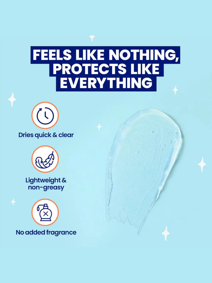 Megababe Thigh Rescue Gel product swatch with text 'Feels like nothing, protects like everything' on a blue background | Twentyseven Toronto