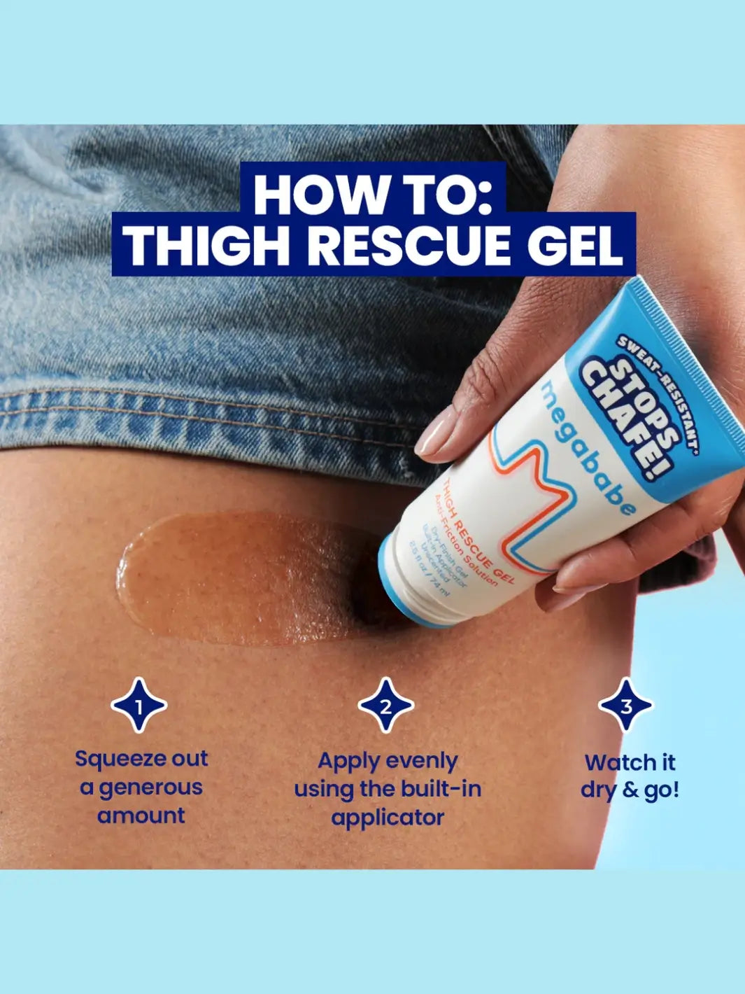 Person applying Megababe Thigh Rescue Gel with text on how to use it | Twentyseven Toronto