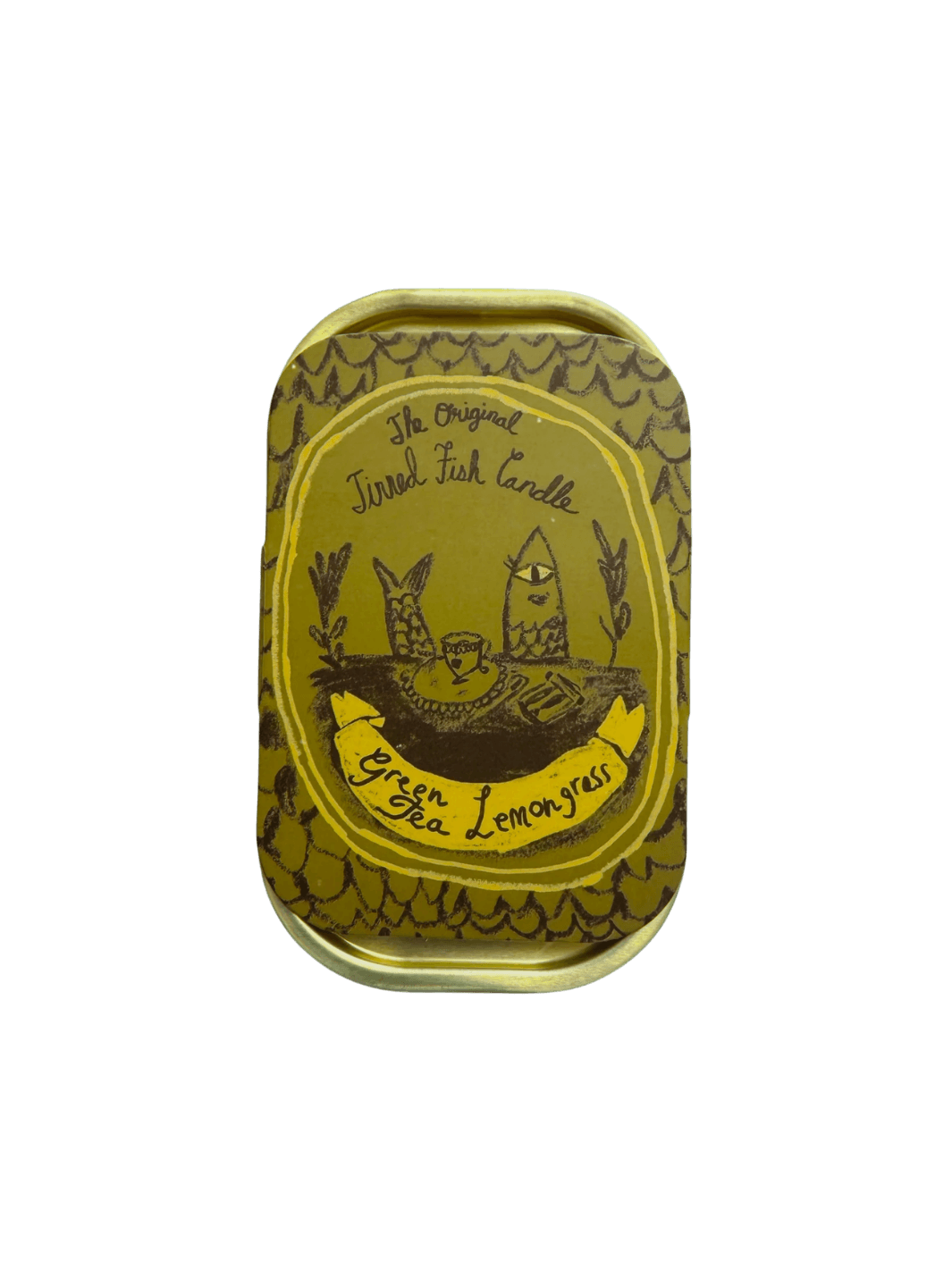 Decorative tin of Tinned Fish Candle with 'Green Tea Lemongrass' scent on a transparent background | Twentyseven Toronto