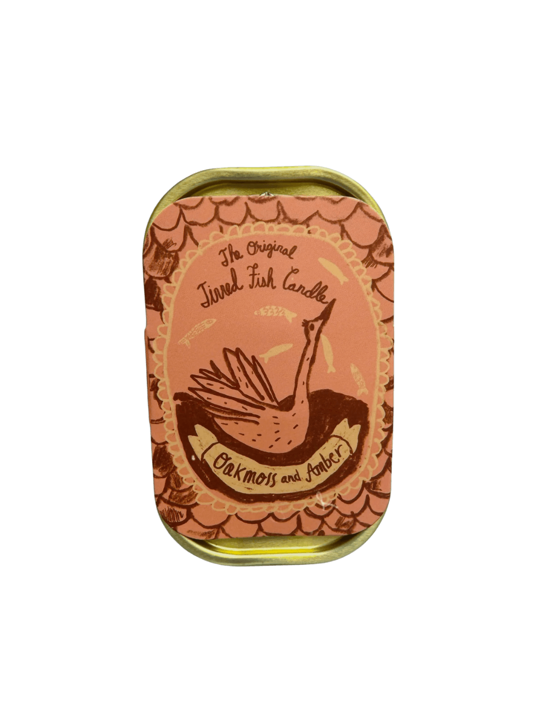 Orange decorative tin of Tinned Fish Candle with 'Oakmoss and Amber' scent on a transparent background | Twentyseven Toronto