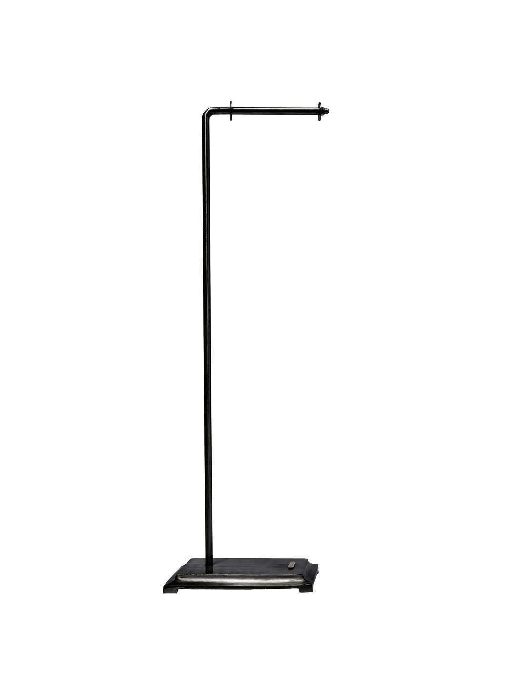 Puebco Angled Toilet Paper Holder in Black, featuring a minimalist recycled iron frame, horizontal roll holder and rectangular base against a white background | Twentyseven Toronto