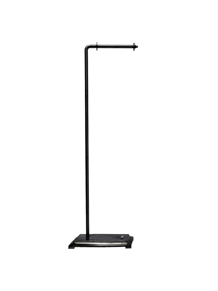 Puebco Angled Toilet Paper Holder in Black, featuring a minimalist recycled iron frame, horizontal roll holder and rectangular base against a white background | Twentyseven Toronto