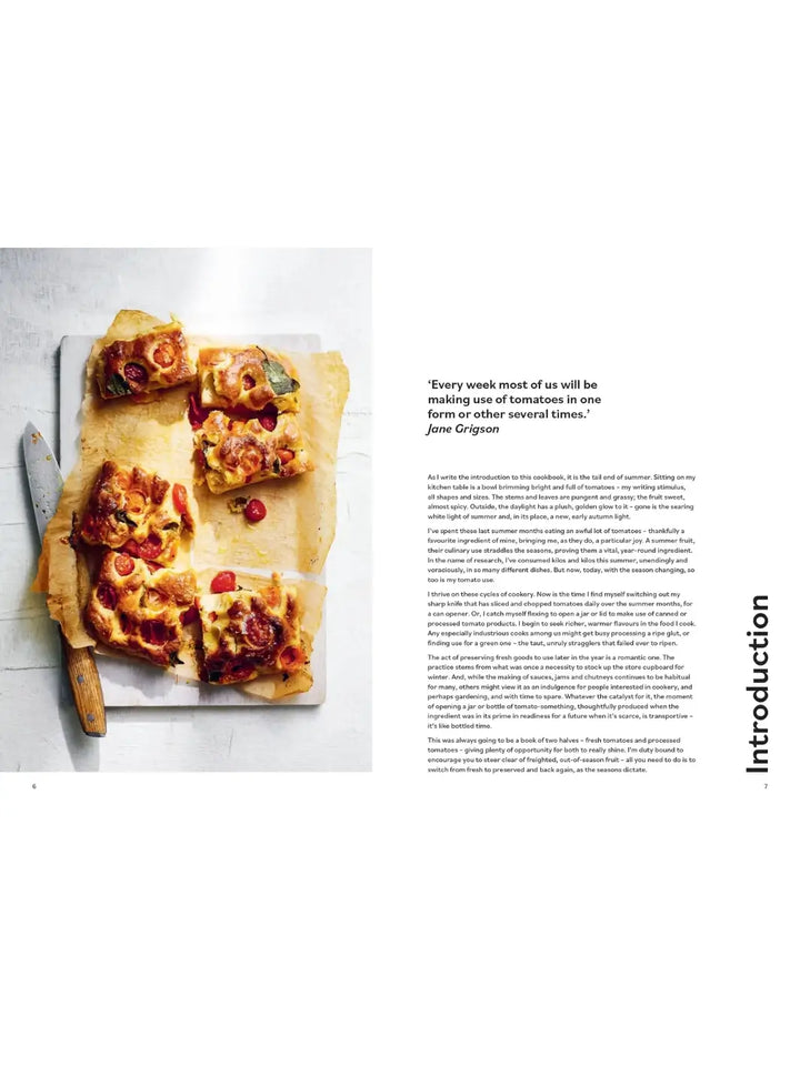 The introduction page of Tomato: 80 Recipes Celebrating the Extraordinary Tomato by Claire Thomson features a Jane Grigson quote alongside a photograph of freshly baked tomato focaccia on parchment paper | Twentyseven Toronto
