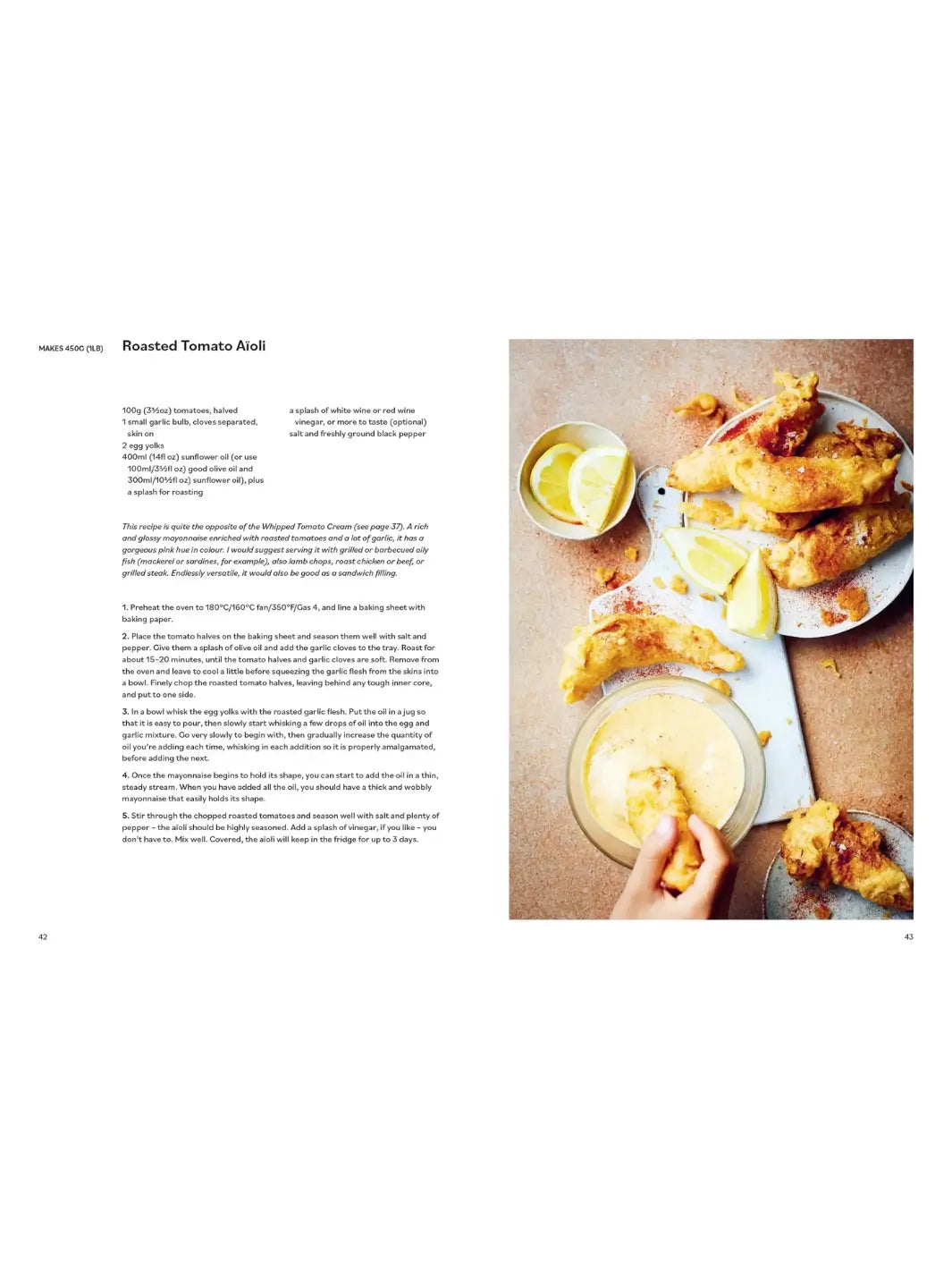 Spread from Tomato: 80 Recipes Celebrating the Extraordinary Tomato by Claire Thomson details a Roasted Tomato Aioli recipe alongside a full-page photo of golden fried food being dipped into the creamy sauce | Twentyseven Toronto