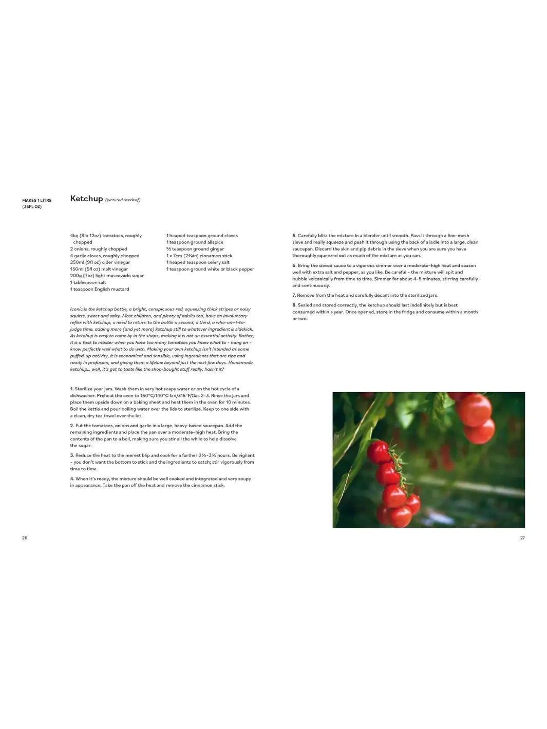 Recipe page for homemade ketchup from Tomato: 80 Recipes Celebrating the Extraordinary Tomato by Claire Thomson includes a list of spices and a small photograph of ripe vine tomatoes | Twentyseven Toronto