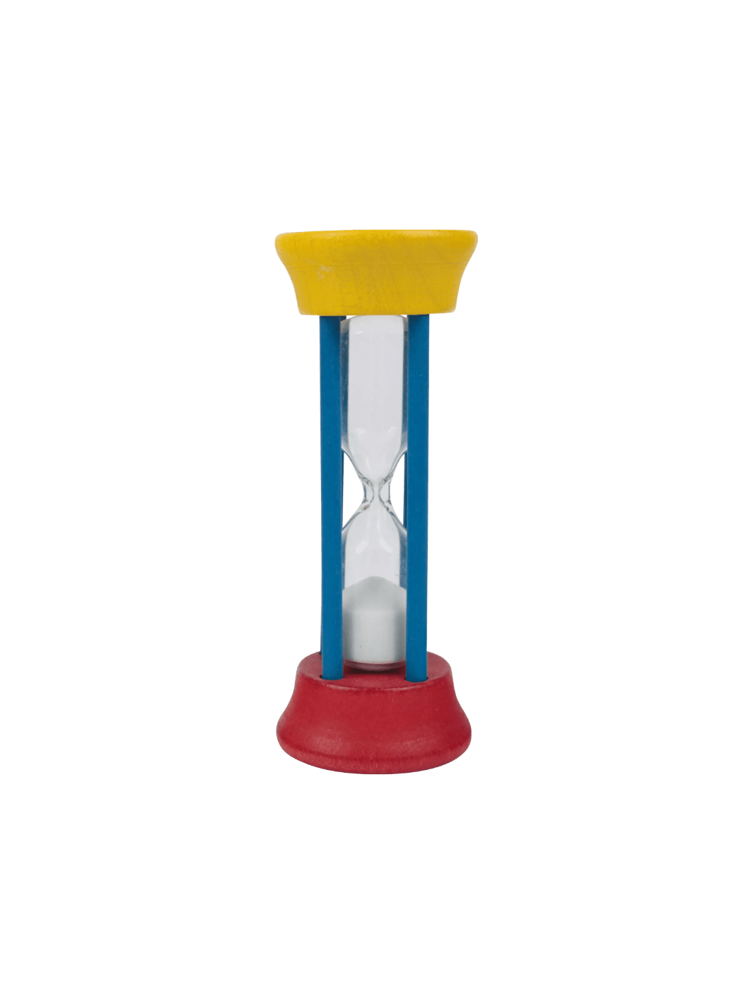 Colorful hourglass toothbrushing timer with yellow top, blue middle, and red base from Burstenhaus Redecker on a transparent background | Twentyseven Toronto