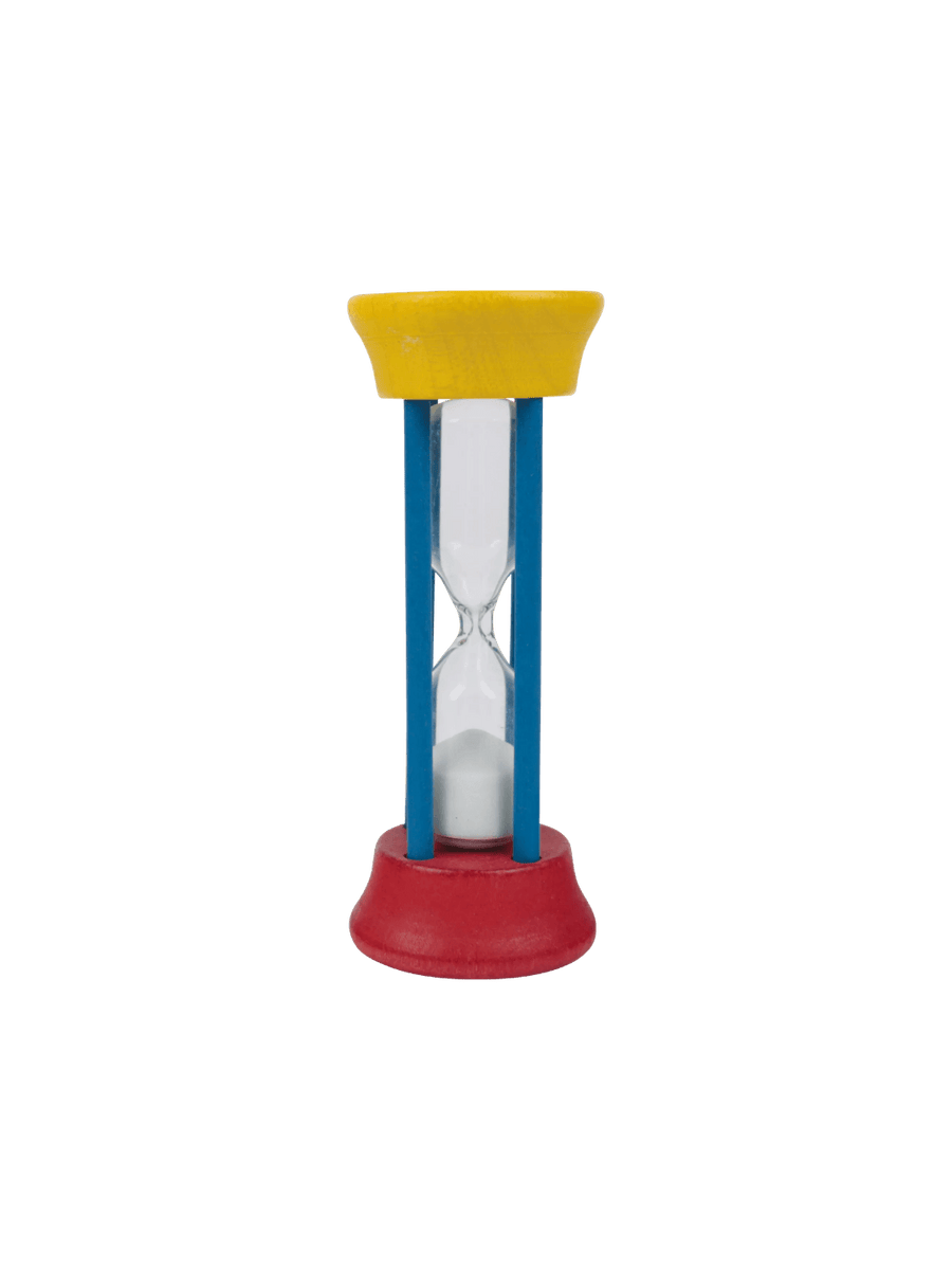 Colorful hourglass toothbrushing timer with yellow top, blue middle, and red base from Burstenhaus Redecker on a transparent background | Twentyseven Toronto