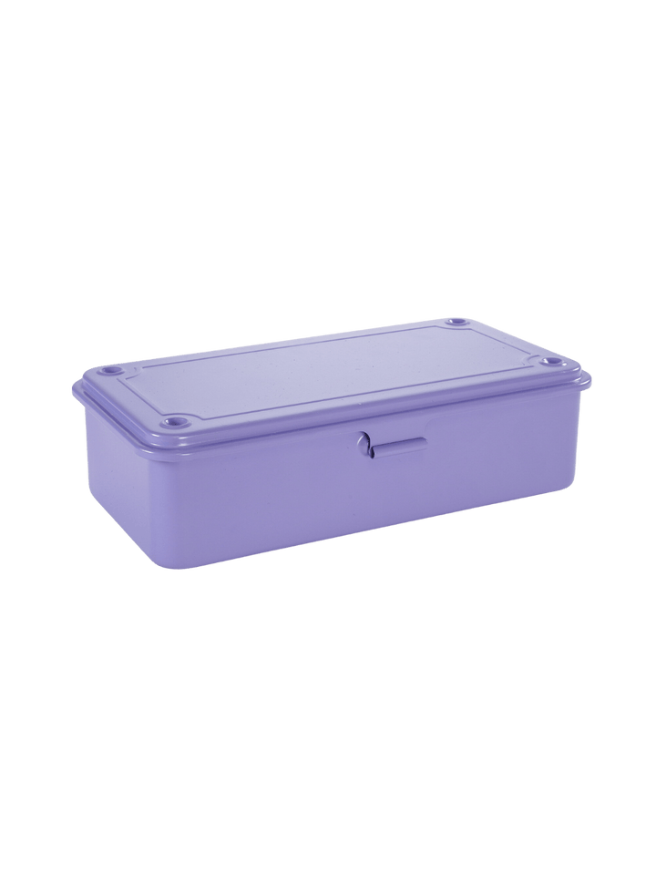 A three-quarter view shows a closed, rectangular steel utility Toyo Steel T-190 Toolbox in Light Purple with a latch | Twentyseven Toronto