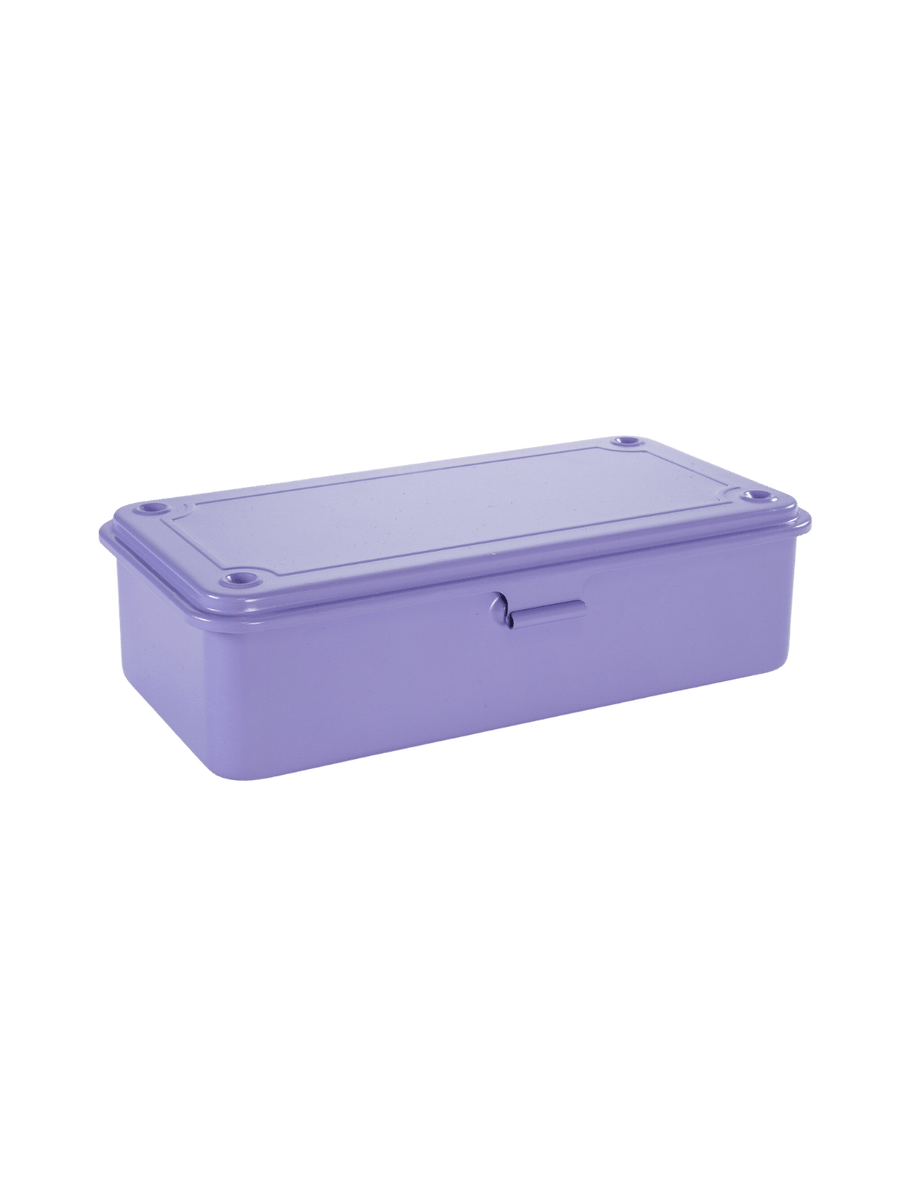 A three-quarter view shows a closed, rectangular steel utility Toyo Steel T-190 Toolbox in Light Purple with a latch | Twentyseven Toronto